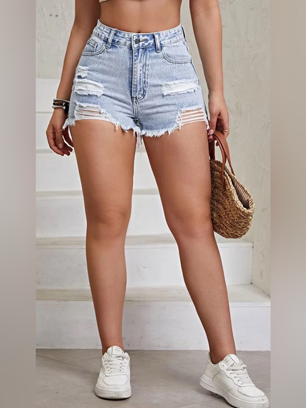 Shein High Waisted Distressed Light Blue Denim Jean Shorts